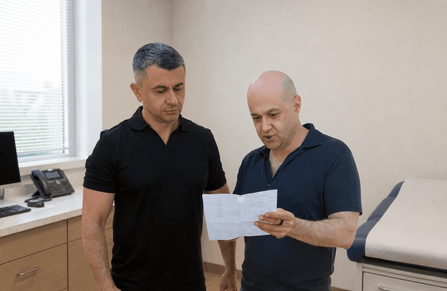 Dr. Slava Fuzayloff, DO discussing HCG with TRT treatment with a patient at Testosterone Clinic NYC in Midtown Manhattan